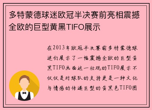 多特蒙德球迷欧冠半决赛前亮相震撼全欧的巨型黄黑TIFO展示