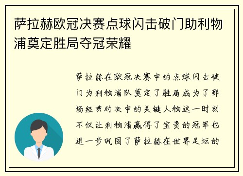 萨拉赫欧冠决赛点球闪击破门助利物浦奠定胜局夺冠荣耀